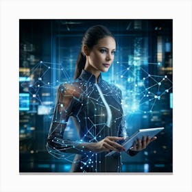 Cybernetic Advocate A Businesswoman Encapsulated In A Futuristic Suit Her Hand Garnished With Hol (5) Canvas Print