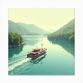 Retro Ferry Gliding Through Watercolor Tranquil Bay 1 Canvas Print