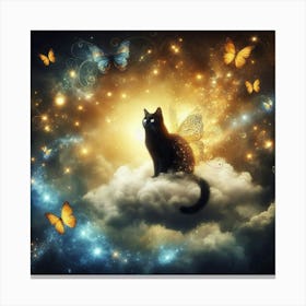 Black Cat On Cloud With Butterflies Canvas Print