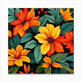 Orange And Yellow Flowers On Black Background Canvas Print