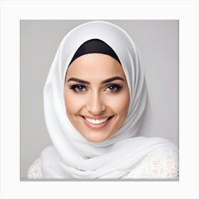 A Closeup Photo Portrait Of A Beautiful Young Arab Muslim Model Woman Wearing Hijab Headscarf And Smiling Canvas Print