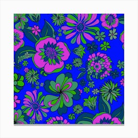 70s Bright Flowers Blue Pink Square Canvas Print