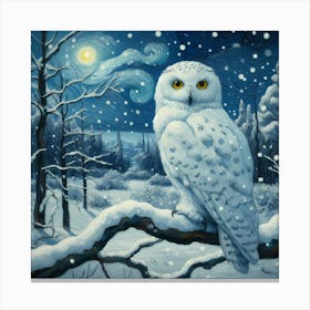 Snowy Owl In Winter Forest With Snow At Night, Van Gogh Painting Art Canvas Print