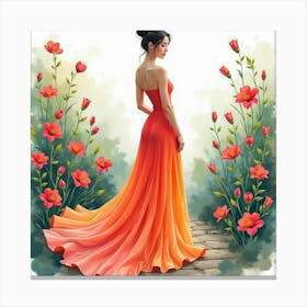 Elegant Lady In Watercolor Gown, Vibrant Botanical Garden 1 Canvas Print