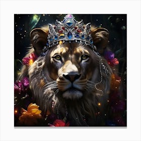 Bejwelled lioness. With a crown on her head and a garland of flowers, let me introduce the Queen of the jungle! Canvas Print