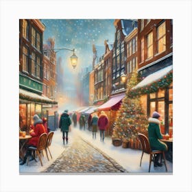 Amsterdam cafes, winter season, Christmas, autumn oil colors, pale colors, pedestrians in the street, winter clothes, falling snow.34 Lienzo