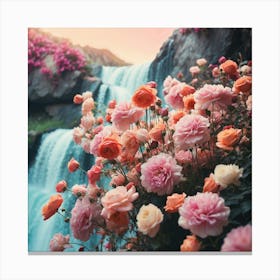 Waterfall With Pink Roses 1 Canvas Print