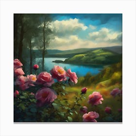 Wild Pink Roses in a Woodland Landscape Canvas Print
