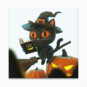 Halloween Cat On Broom 1 Canvas Print