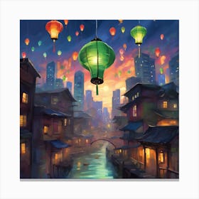 A lantern floating above a cityscape 1 Canvas Print