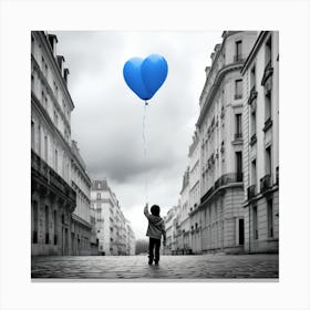 Boy Holding A Blue Heart Balloon empty city Canvas Print