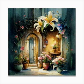 Quiet and attractive dining nook, overgrown flowers, high quality, detailed, highly 3D, elegant carved cart, Canvas Print
