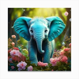 Firefly Adorable Turquoise Baby Elephant In A Magical Flowered Forest 34255 (2) Canvas Print