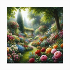 Realistic Oil Painting Of A Lush Garden Bursting With Colorful Flowers And Greenery, Style Realistic Oil Painting 3 Canvas Print