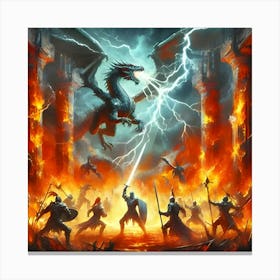 A Dramatic Battle Scene Featuring A Knight Fighting A Dragon In Fiery Ruins With Lightning Bolts Striking Dynamically Posed Combatants, Depicted In A Stylized Painterly Style Canvas Print