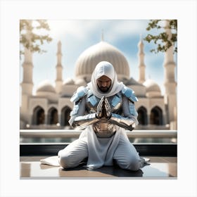 A 3d Dslr Photography Muslim Wearing Futuristic Digital Armor Suit , Praying Towards Masjid Al Haram, House Of God Award Winning Photography From The Year 8045 Qled Quality Designed By Apple Canvas Print