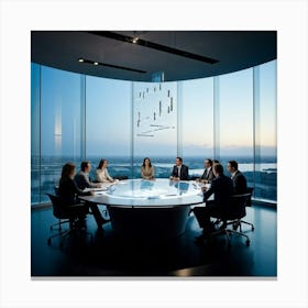 Business Team In Mid Strategizing Session Seated Around A Sleek Oval Glass Table Reflecting Ambien Canvas Print