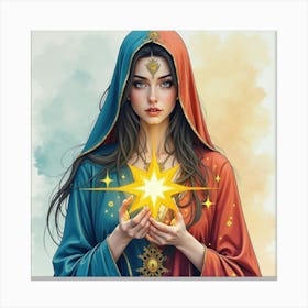 Serene Sorceress With A Starry Orb, Watercolor 1 Canvas Print