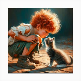 Little Boy Kissing A Kitten Canvas Print