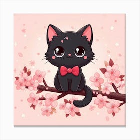 Cute Black Cat With Cherry Blossoms 1 Canvas Print