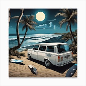 Full Moon, Sandy Parking Lot, Surfboards, Palm Trees, Beach, Whitewater, Surfers, Waves, Ocean, Clou Canvas Print