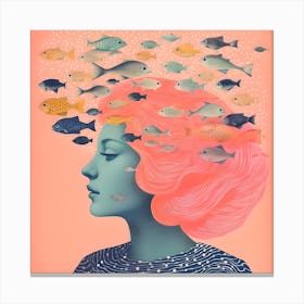 Risograph Style Surreal Woman & Fish, Candy Colours 7 Canvas Print