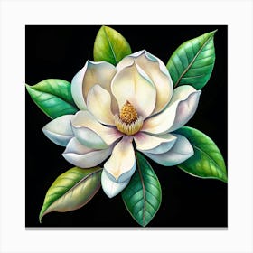 White Magnolia Flower With Green Leaves On A Black Background Canvas Print