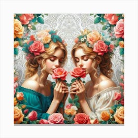 Two Girls With Roses Canvas Print