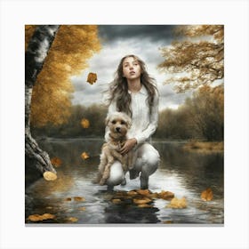 Autumn Girl With Dog Canvas Print