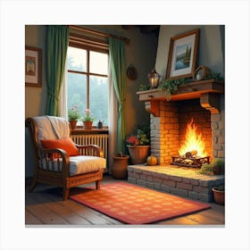 Cozy Evening By A Country Fireplace, Watercolor With Warm Glow And Comfort 1 Canvas Print