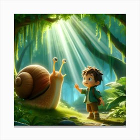 Snail And Boy In The Forest Canvas Print