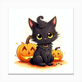 Cute black kitten and pumpkins Canvas Print