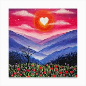 A Painting Of A Fantastical Twilight Landscape Where A Blazing Red And Pink Sun Sets Behind Towerin (1) Canvas Print