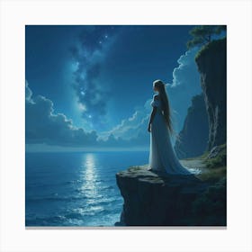 A Beautiful Elven Princess Standing On A Cliff, Overlooking A Starry Sea 1 Canvas Print