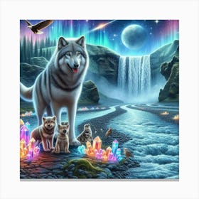 Wolf Family by Crystal Waterfall Under Full Moon and Aurora Borealis 3 Canvas Print