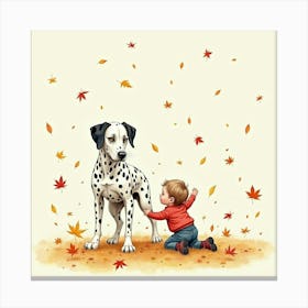 Watercolor Of A Dalmatian And Child Playing In The Fall Leaves 1 Canvas Print