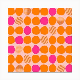 Vibrant Orange And Pink Polka Dot Pattern Square Canvas Print