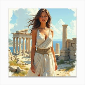 A Stunning Greek Woman In Watercolor, With The Majestic Backdrop Of Ancient Ruins 1 Canvas Print