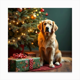 Golden Retriever By Christmas Tree Canvas Print