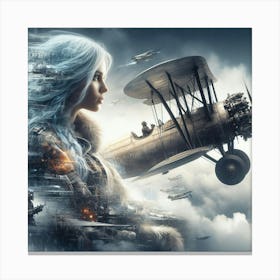 Girl With Blue Hair And An Airplane Canvas Print