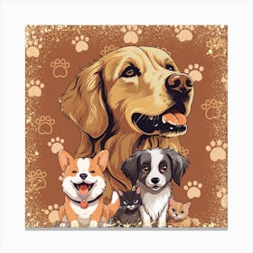 Golden Retriever And Cats Canvas Print