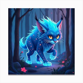 A Whimsical Lynx With A Mane Of Electric Blue Fur Prowling Through A Neon Forest Canvas Print