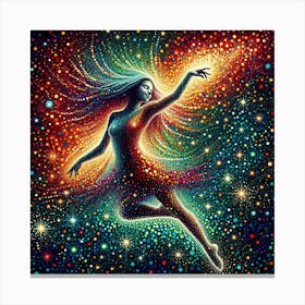 "Stardust Rhapsody: Cosmic Dance" - This luminous piece captures the essence of the universe's boundless energy through the form of a celestial dancer. Her body, composed of a constellation of vibrant points, seems to merge with the starry expanse, symbolizing the interconnectedness of all things. The artwork is a riot of color, with splashes of orange, blue, and green across a canvas of infinite darkness, representing the dance of creation itself. It's perfect for those who seek to bring the wonder of the cosmos into their home, offering a daily reminder of the beauty that lies beyond our world. This piece is a visual symphony that celebrates the joy of existence and the unending dance of the stars. Canvas Print