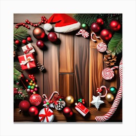 Christmas Ornaments On A Wooden Floor Canvas Print