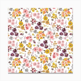 Little Flowers Mustard Coral Square Canvas Print