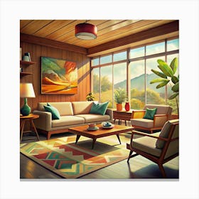 Mid Century Modern Living Room With Mountain View Canvas Print