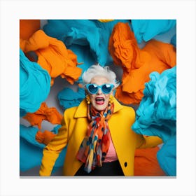 Woman In A Yellow Coat And Blue Sunglasses Canvas Print