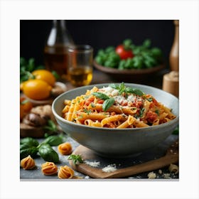 Pasta With Tomato Sauce On The Table Canvas Print