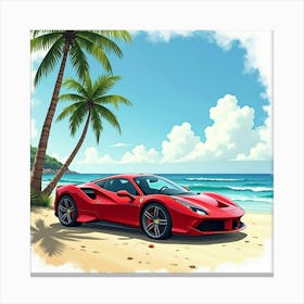 Ferrari On A Watercolor Beach With Waves And Palm Trees In The Background 1 1 Canvas Print