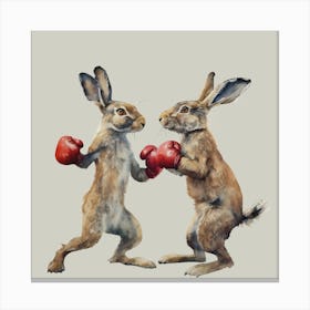 Watercolour Sparring Hares with Boxing Gloves Canvas Print